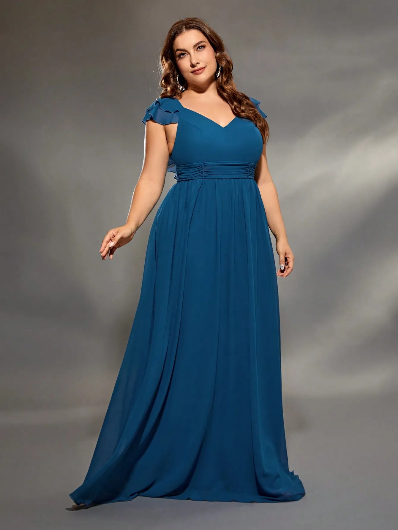 Mgiacy plus size V-neck double layer lotus sleeve chiffon full skirt Evening