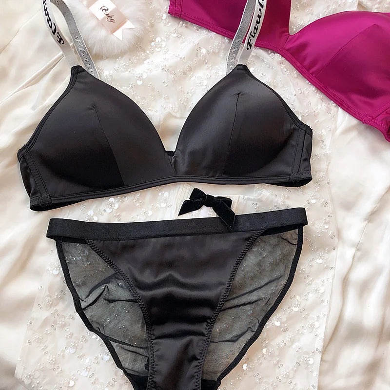 Underwear Set Women Deep V Push Up Bra Set Shoulder Strap Letters