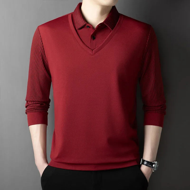2025 New Men's Casual and Fashionable Long Sleeved Solid Color Fake Two-piece Polo Shirt Business All Season Versatile Top
