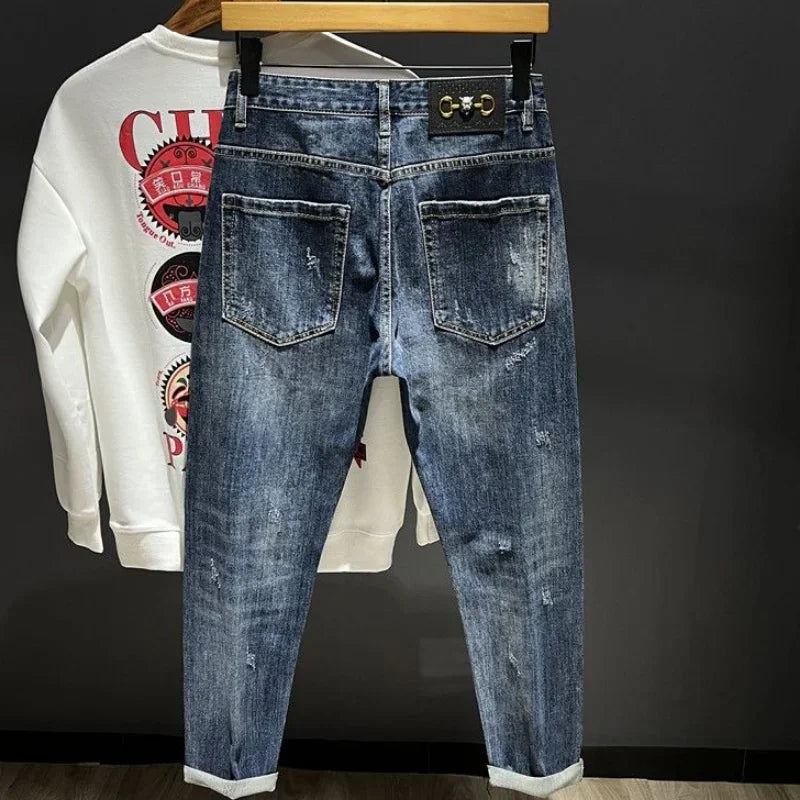 Jeans for Men Tapered Torn Male Cowboy Pants Graphic Trousers Broken Ripped