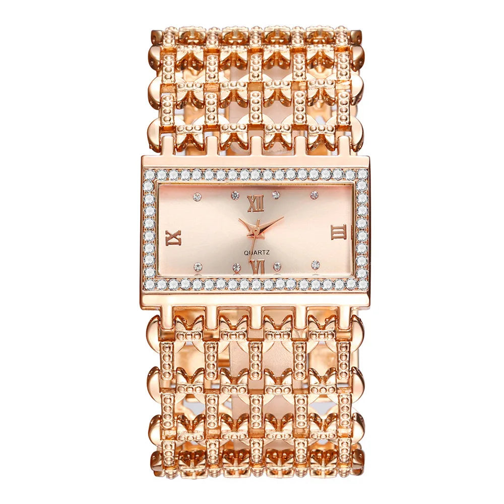 Luxury Ladies Simple Diamond Set Square Bracelet Quartz Watches Fashion Gold Stainless Steel Skeleton Women Clock Dress Watch