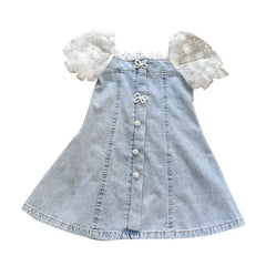 Children Girls Beads Lace Sleeve Denim Dress Toddler Fashion