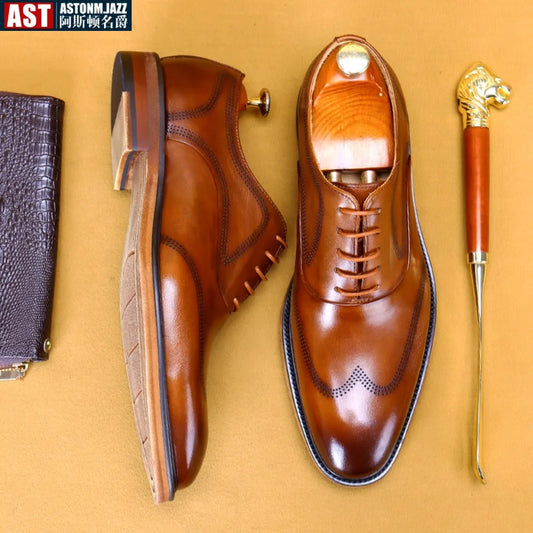 Men Oxford Brogue Genuine Leather Shoes Black Brown Classic Style Round
