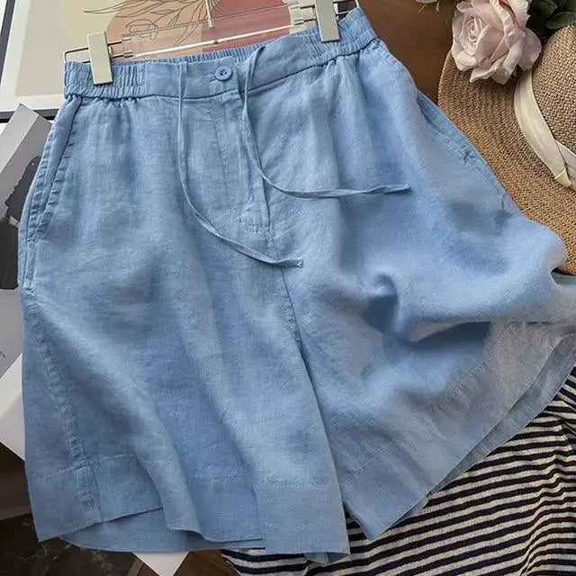 Japanese Simple Solid Color Pure Cotton Linen Casual Versatile Straight Elastic Waist Shorts Women's Middle Pants