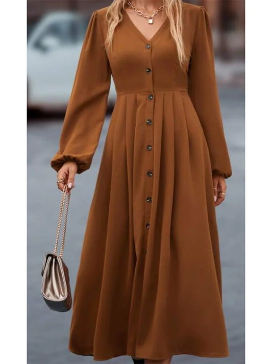 Plus Size High Street Style Women's A-line Long Dress V-neck Button Decoration