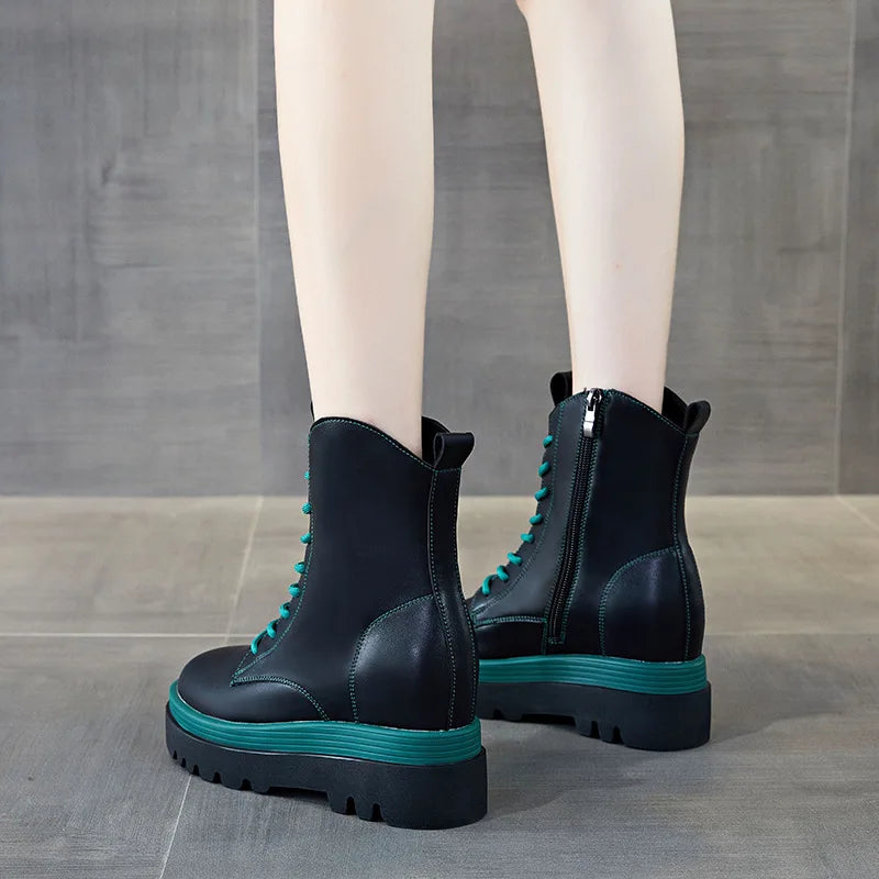 Brithish Style Genuine Leather Platform Wedge Hidden Heel Spring Autumn Mid
