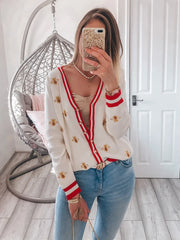 Fashion Designer Bee Embroidery Cardigan Long Sleeve Single Breasted