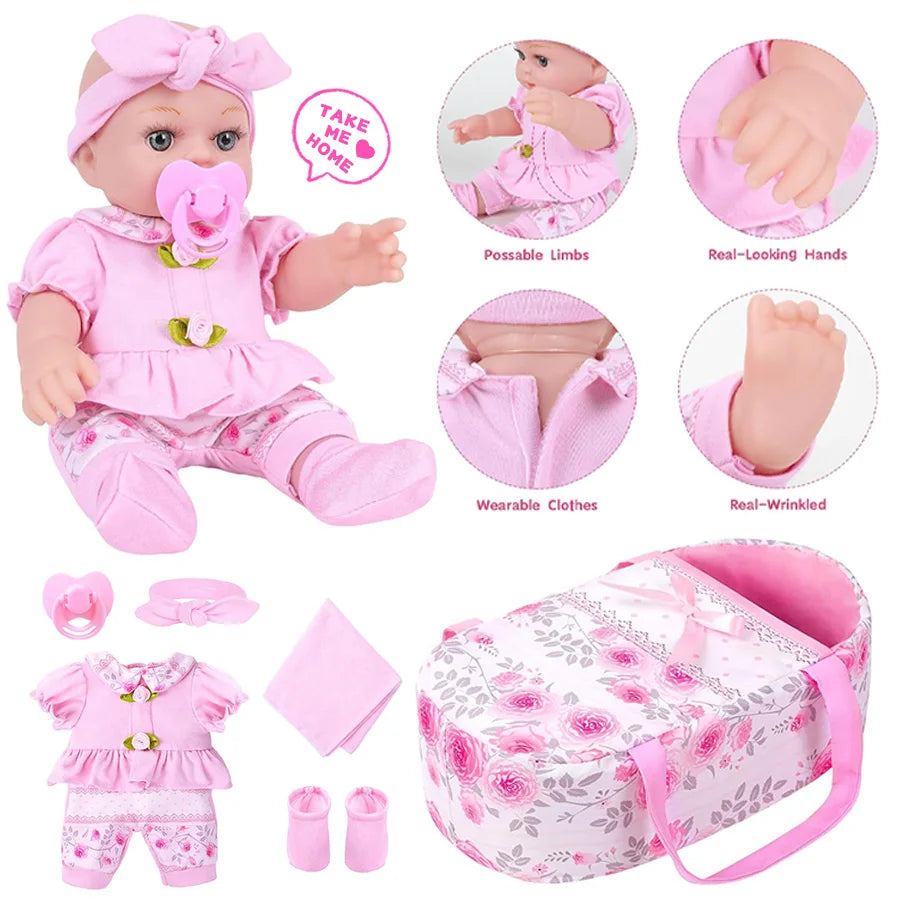 Simulation doll cute pink clothes with sleeping bag 30CM reincarnation doll girl gift
