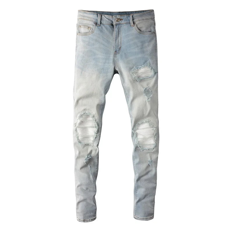 Men Pale Light Blue Biker Jeans Cracked Pleated Patch Patchwork Stretch Denim Pants
