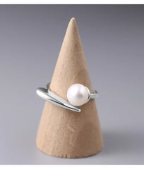 925 Sterling Silver Round Pearl Ring Wedding Adjustable Rings For Women Jewelry