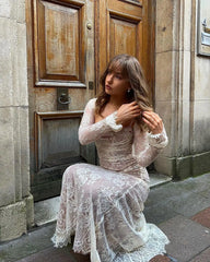 Maxi Dress: Hollow Out Lace | Long Sleeve Cape 2 Piece