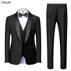 Men Suit Wedding 3 Pieces Set Elegant Blazers Shawl Collar Luxury Jacket