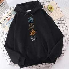 Avatar The Last Airbender Hoodie Water Air Fire Earth Four Elements Print Black Anime