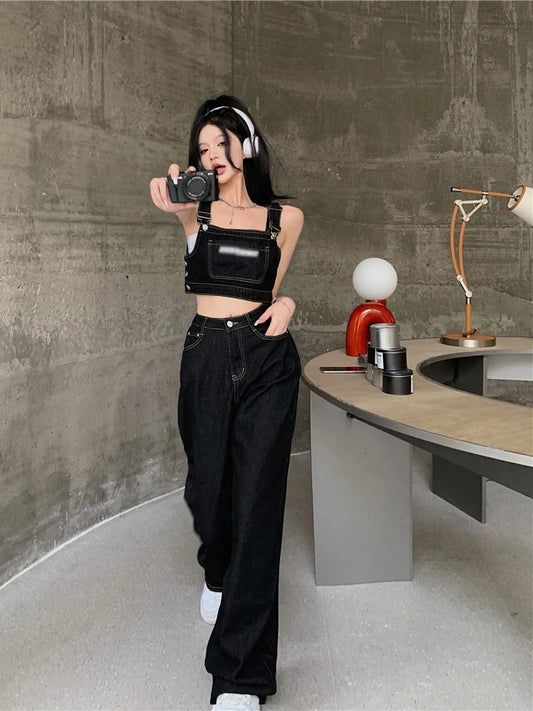 Acubi Fashion Two-Piece Top Pants Set Women Y2k Black Jeans