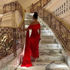 Homecoming Dresses: A-Line Red Long Prom Dress Pleated Off The Shoulder