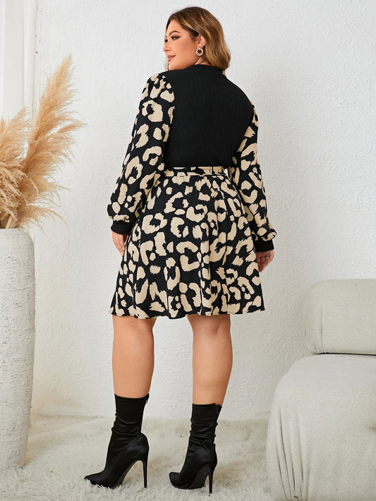 Plus Size Women Dresses Laopard Color Block Long Sleeves Waist Belt Robe O Neck