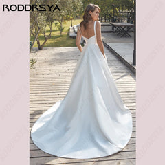 White Bridesmaid Dresses: Wedding Dresses Square Collar Satin Bridal Gowns A-line