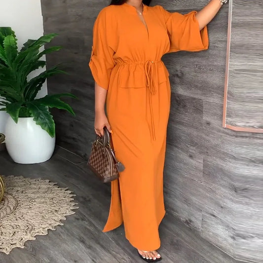 Lady Autumn Winter Long Dress Women Solid V-neck Long Sleeve