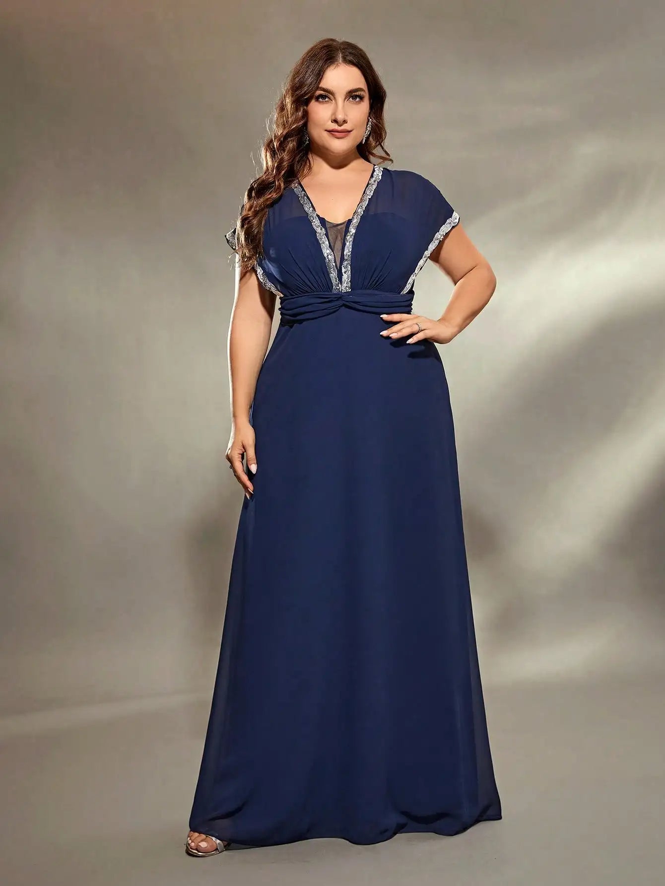 Mgiacy plus size V-neck Silver sequin Lace Bat-sleeve waist kink A swing long dress