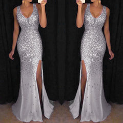 Evening Dresses: Women Elegant Sequins Long Evening Dress V Neck Split Glitter