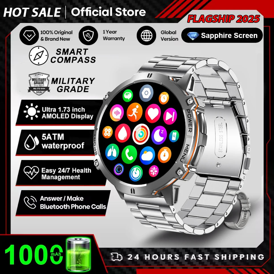 2026 Newly upgraded GPS Military Sports Smart Watch 1000mAh 1.7-inch AMOLED Compass Altimeter Call 10ATM Waterproof Sports Watch