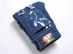 Men's Perforated Jeans 3D Inner Embroidery Zipper Bleached Slim Fit Pantyhose