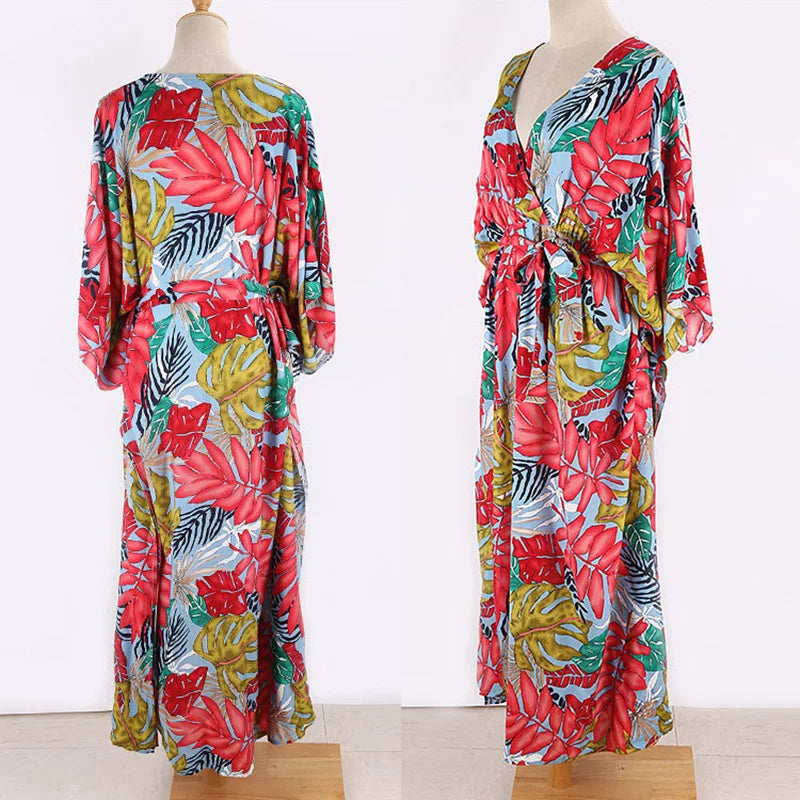 Plus Size Women’s Summer Loose Kimono Maxi Dress Wrap V Neck 3/4 Sleeve