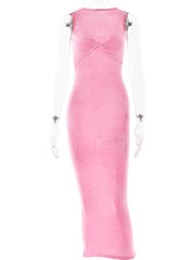 Knitted See Through Ruched Women Maxi Dress Sleeveless Round Neck Dress
