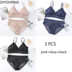 3 Piece Set Bra Lace Beauty Back Suit Underwear Gather Seamless