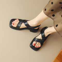 Women Genuine Leather Sandals Square Toe Platform Block Mid Heels