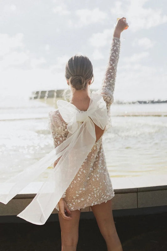 White Bridesmaid Dresses: Wedding Dresses Long Sleeves With Bow Mini Backless