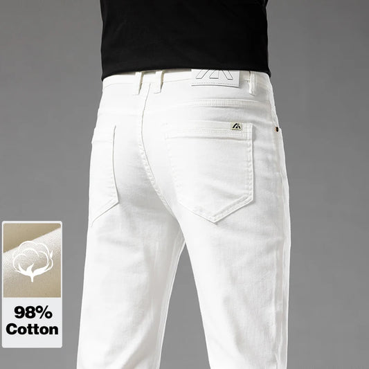 Classic Style Summer Men's Slim Fit White Jeans High Quality Business Fashion Cotton