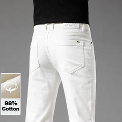 Classic Style Summer Men's Slim Fit White Jeans High Quality Business Fashion Cotton