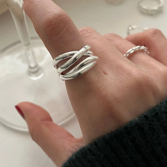 925 Sterling Rings for Women Fashion Geometric Handmade Irregular Interware