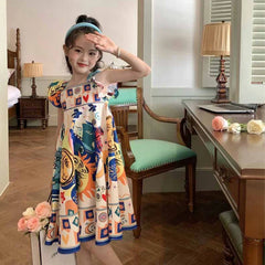 Girls' Set 2024 Summer Casual Dress Flying Sleeve Graffiti Painting Dress