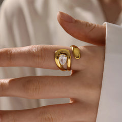 18K Gold Plated Stainless Steel Open Ring Inlaid with Water Drop Shaped Zircon