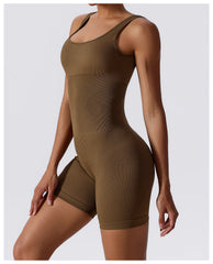 Women's Yoga Rompers One Piece Tummy Control Seamless Ribbed Jumpsuit Padded