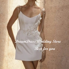 White Bridesmaid Dresses: A Line Wedding Second Dress 3D Flowers Satin Backless