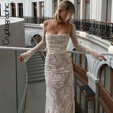 Maxi Dress: Hollow Out Lace | Long Sleeve Cape 2 Piece