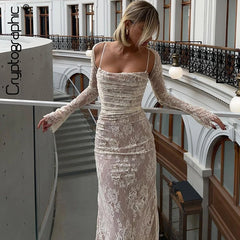 Maxi Dress: Hollow Out Lace | Long Sleeve Cape 2 Piece