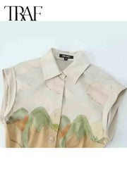 TRAF Summer Dress Fashion Green Print Long Dresses For Women