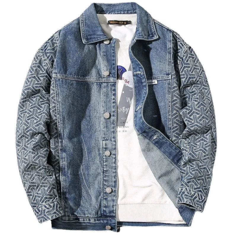 Male Jean Coats Spliced Geometric Autumn Men's Denim Jacket Blue Wide Shoulders
