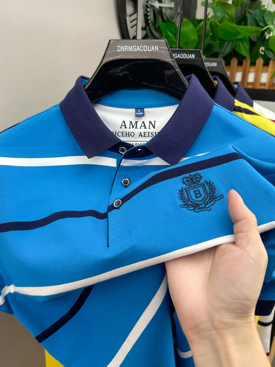 Fashion striped short sleeve men polo shirt summer trend brand letter embroidery design business casual breathable Paul T-shirt