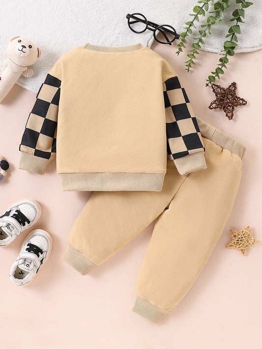 2-piece set of fashionable and casual round neck patchwork plaid long sleeved hoodie and pants for baby boys, autumn and winter