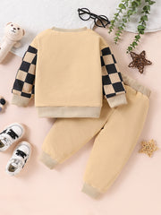 2-piece set of fashionable and casual round neck patchwork plaid long sleeved hoodie and pants for baby boys, autumn and winter