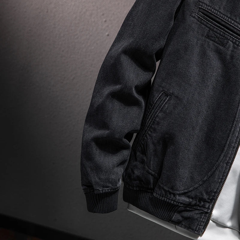 Autumn New Stand Collar Zipper Denim Jacket Men Casual British Slim Black Coat
