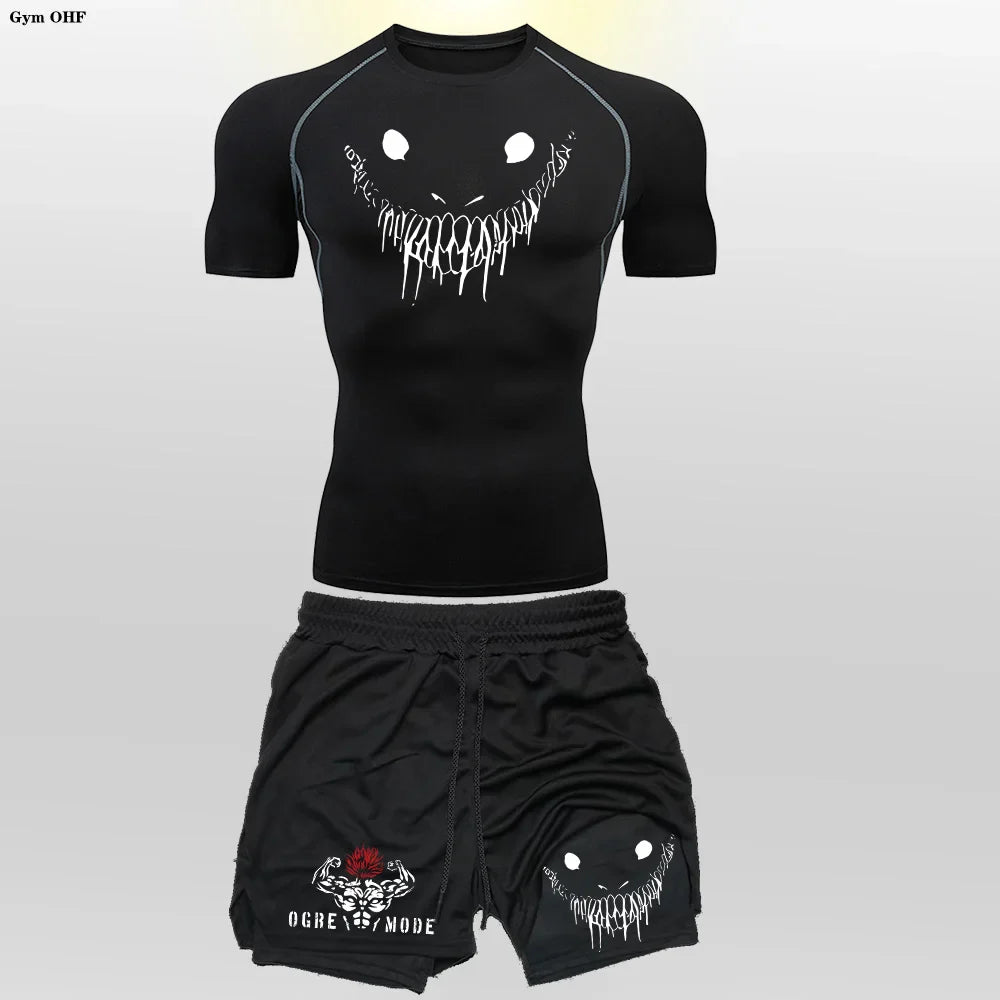 Funny Face 2 in 1 Shorts T Shirt Suits Men's Fitness Breathable Second Skin Compression Shirts Sets Gym Double Deck Shorts