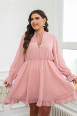 Plus Size V Cut Out Neck Women's Dress Lace-Up Long Ruffle Sleeve Robe