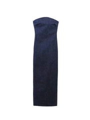 Evening Dresses: Strapless Backless Zipper Split Dress Party Blue Denim Female
