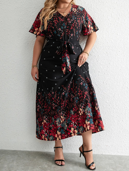 Plus Size Casual Dress Woman Summer V Neck Short Sleeve Floral Print Long Dress Black